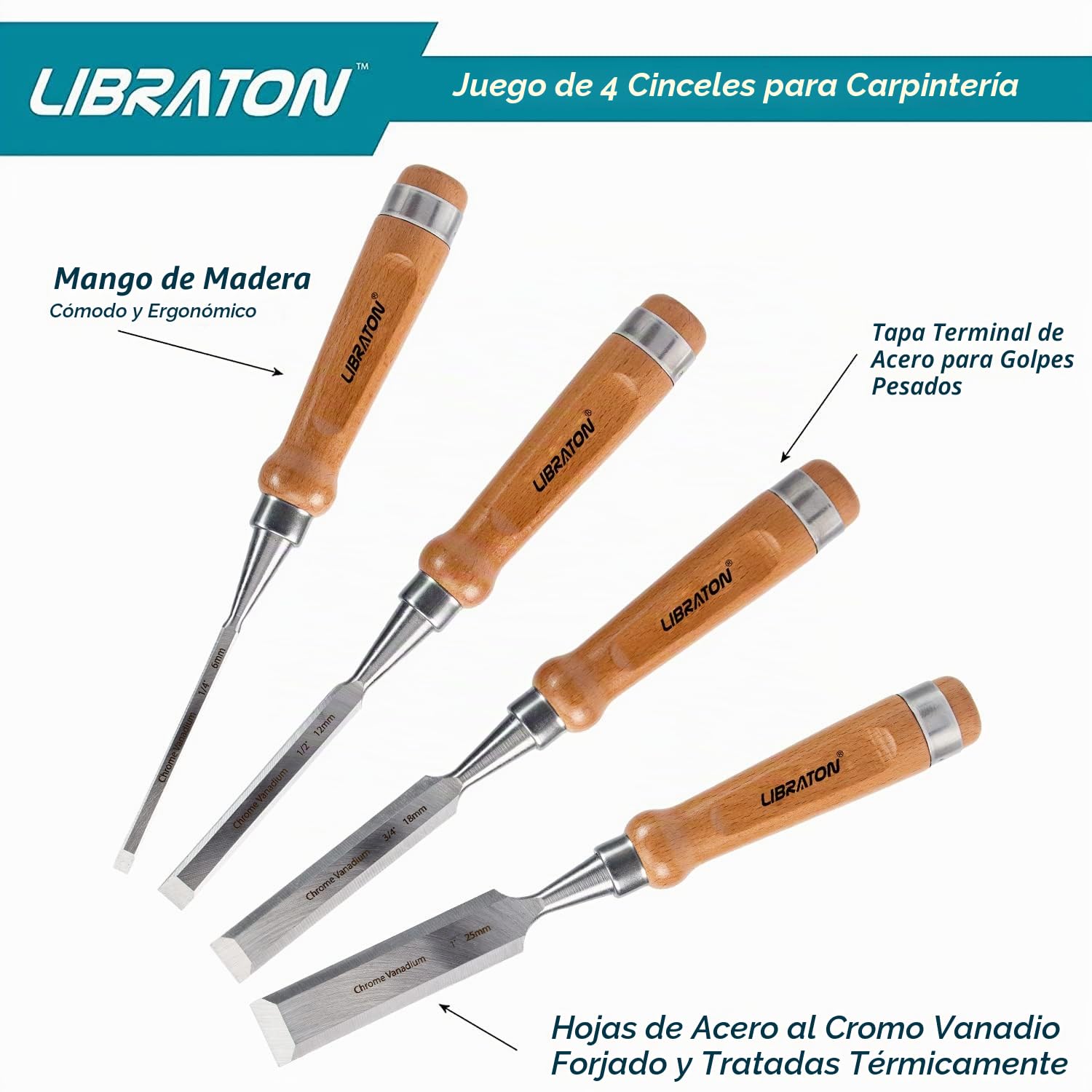 Libraton Juego Cinceles Formones para Madera 4 Cinceles Profesionales,Sobrecubierta de Polietileno para Evitar Deformación