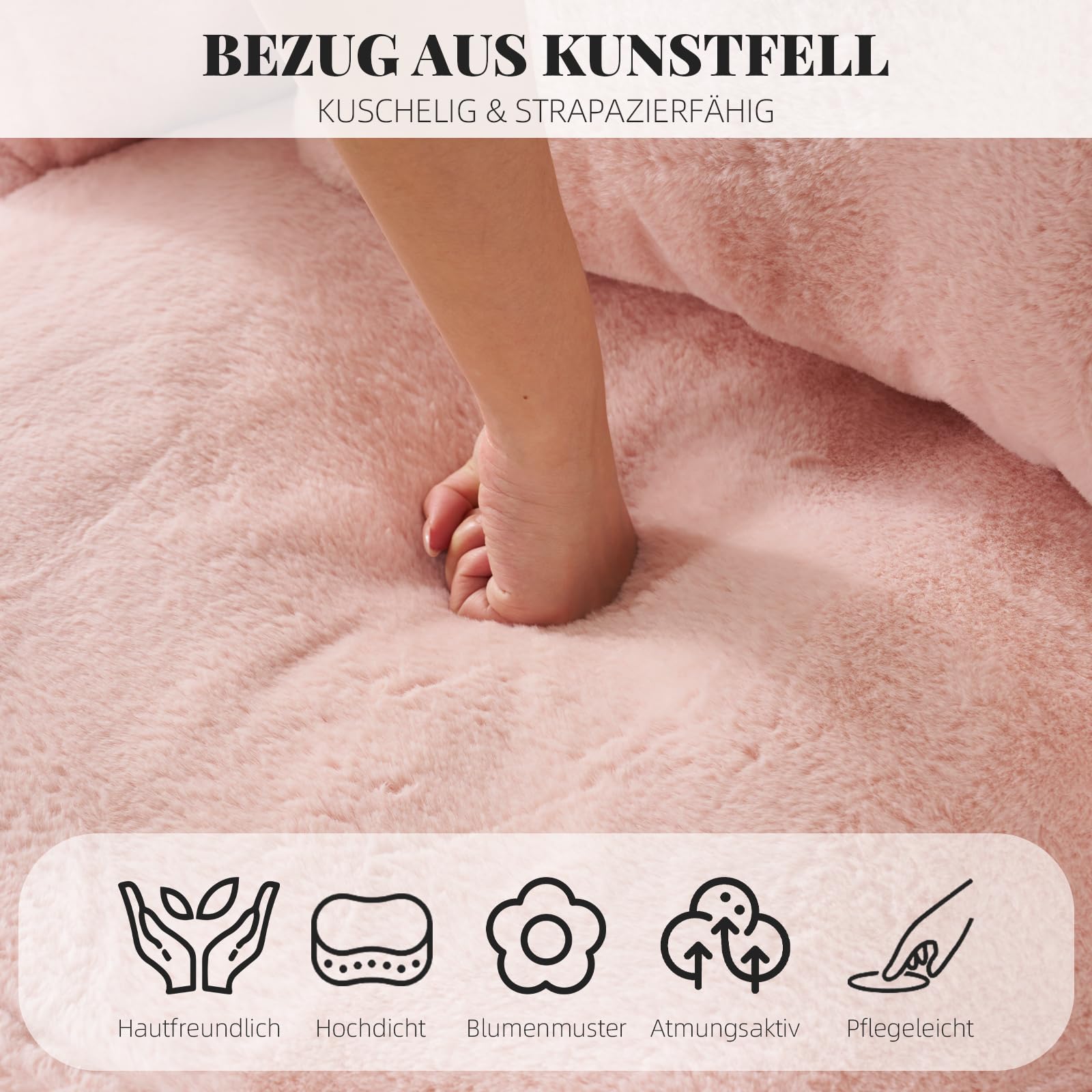 Sitzsack Erwachsene mit Füllung, Geräuschloser Runder Bean Bag mit Schaumstoff-Schnitzeln, Lesesessel & Gaming Sessel, Premium Kaninchenplüsch in Blütenform mit Kissen,Rosa