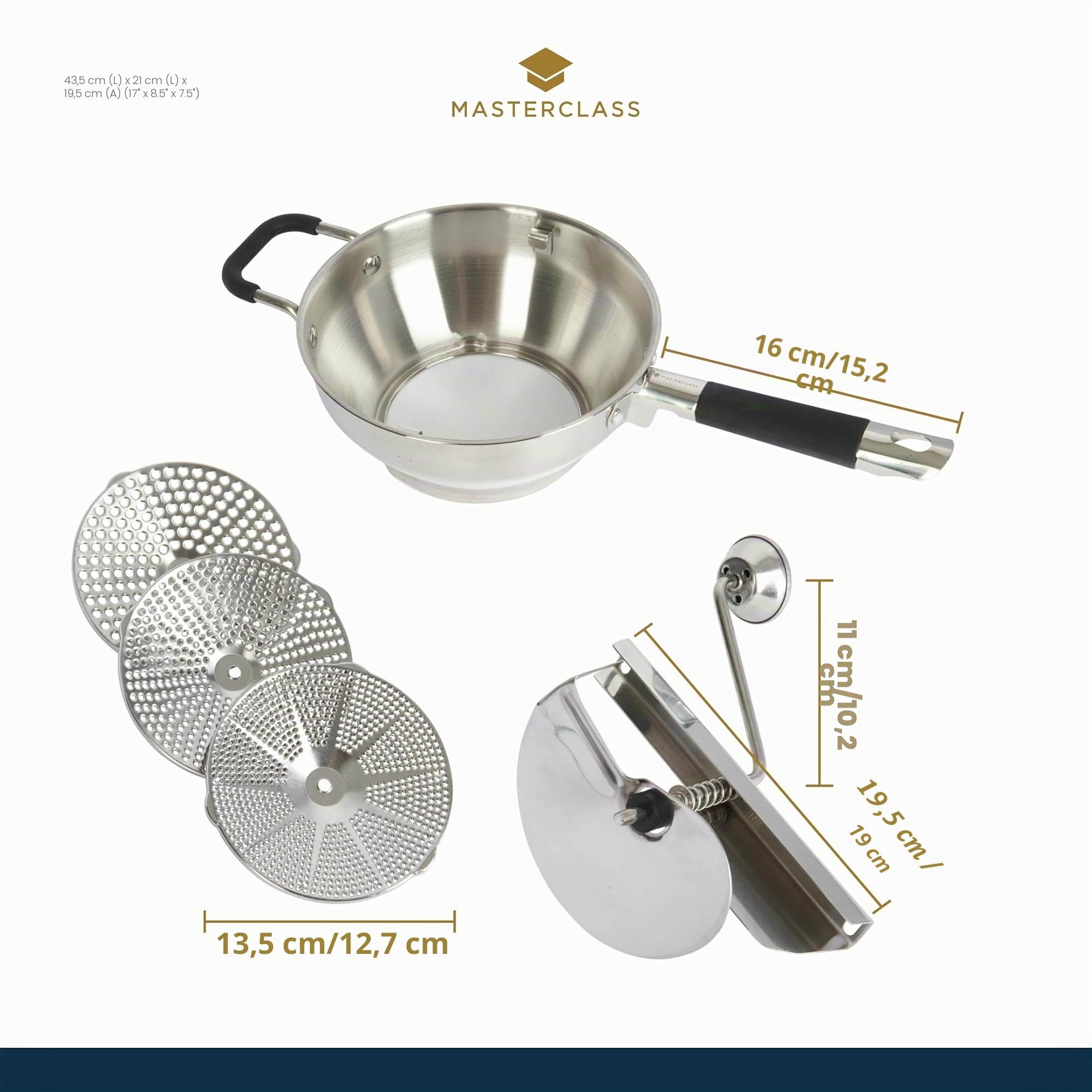 MasterClass Mulino per alimenti, produttore di purè e purea, tritatutto manuale per alimenti e verdure, acciaio inox, 43,5 x 21 x 19,5 cm