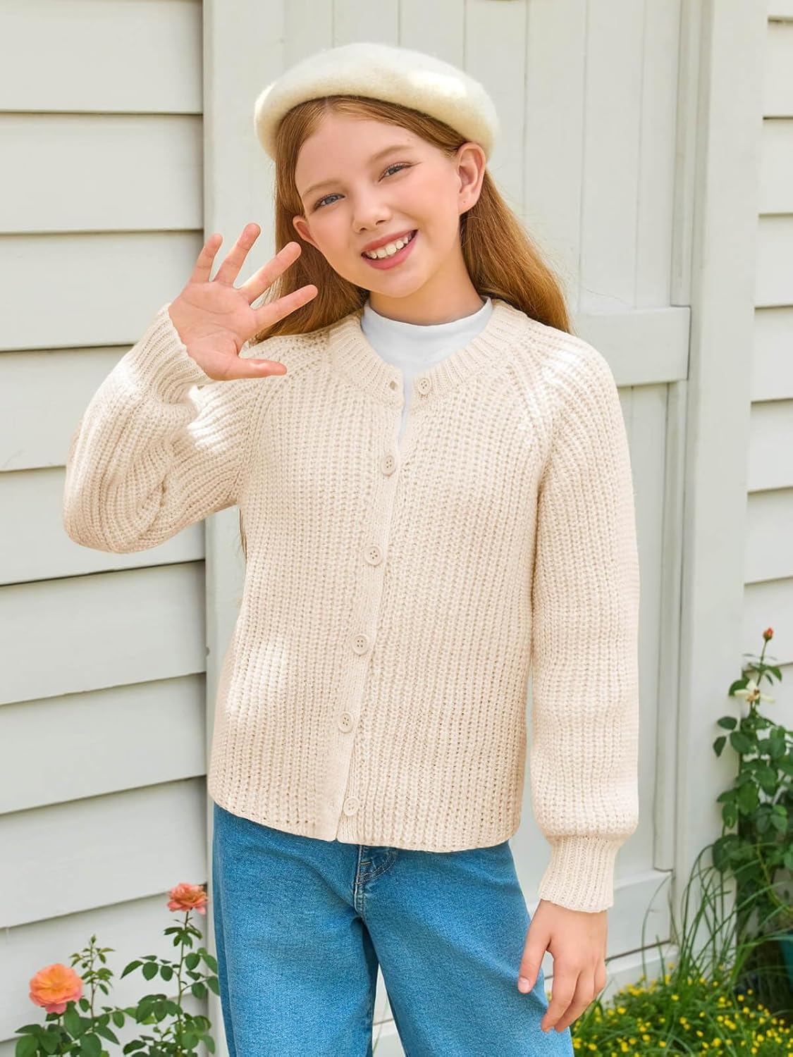 Haloumoning Girls Cardigan Button Down Long Sleeve Chunky Knit Sweater Fall Cute Outerwear Coat 5-14Y - Image 2