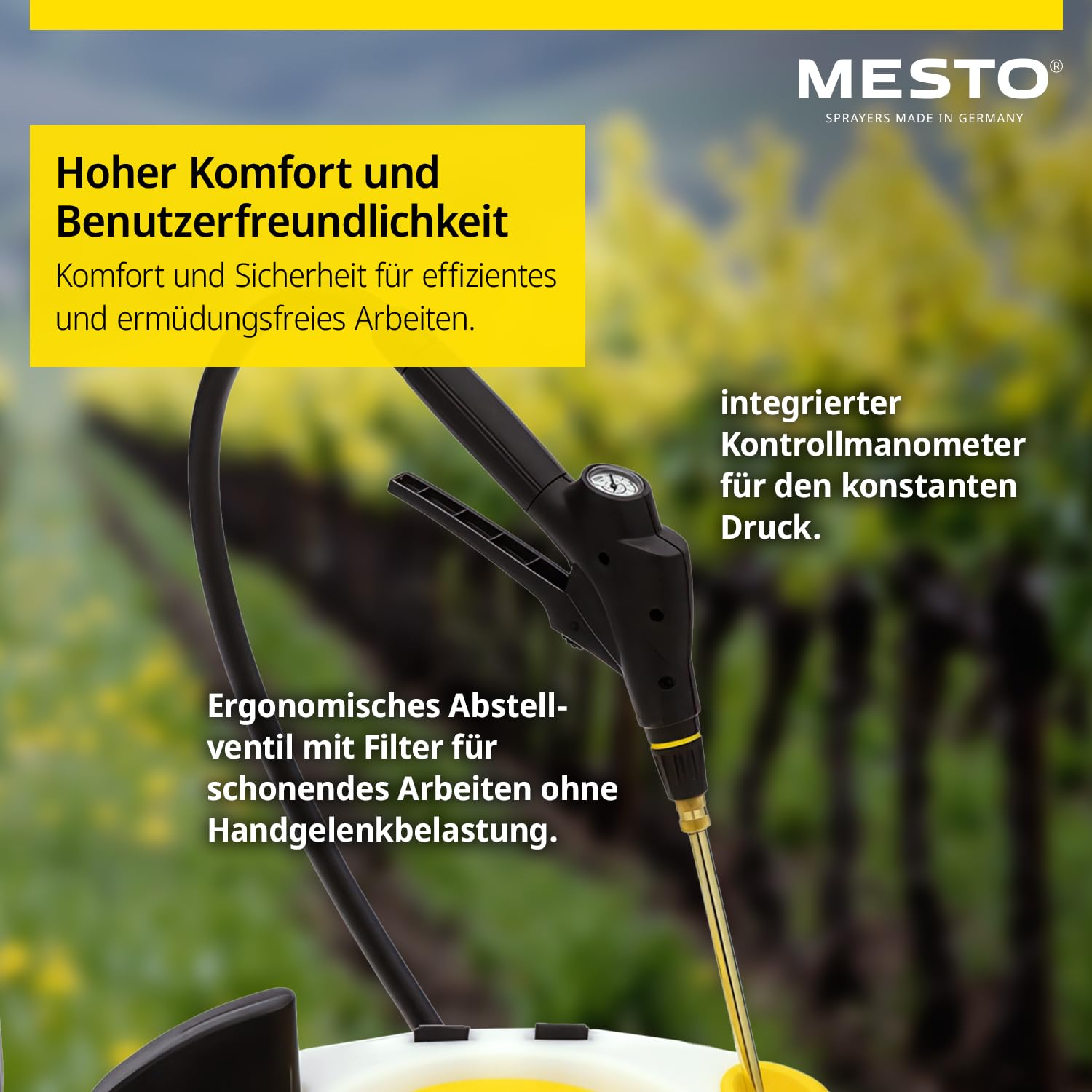 MESTO RS125 Rückenspritze 12 L Set inkl. Spritzschirm | Gartenspritze mit 6 bar Druck | Unkrautspritze Garten | mit ergonomischen Abstellventil & Kontrollmanometer | FPM-Dichtungen | Rückensprühgerät