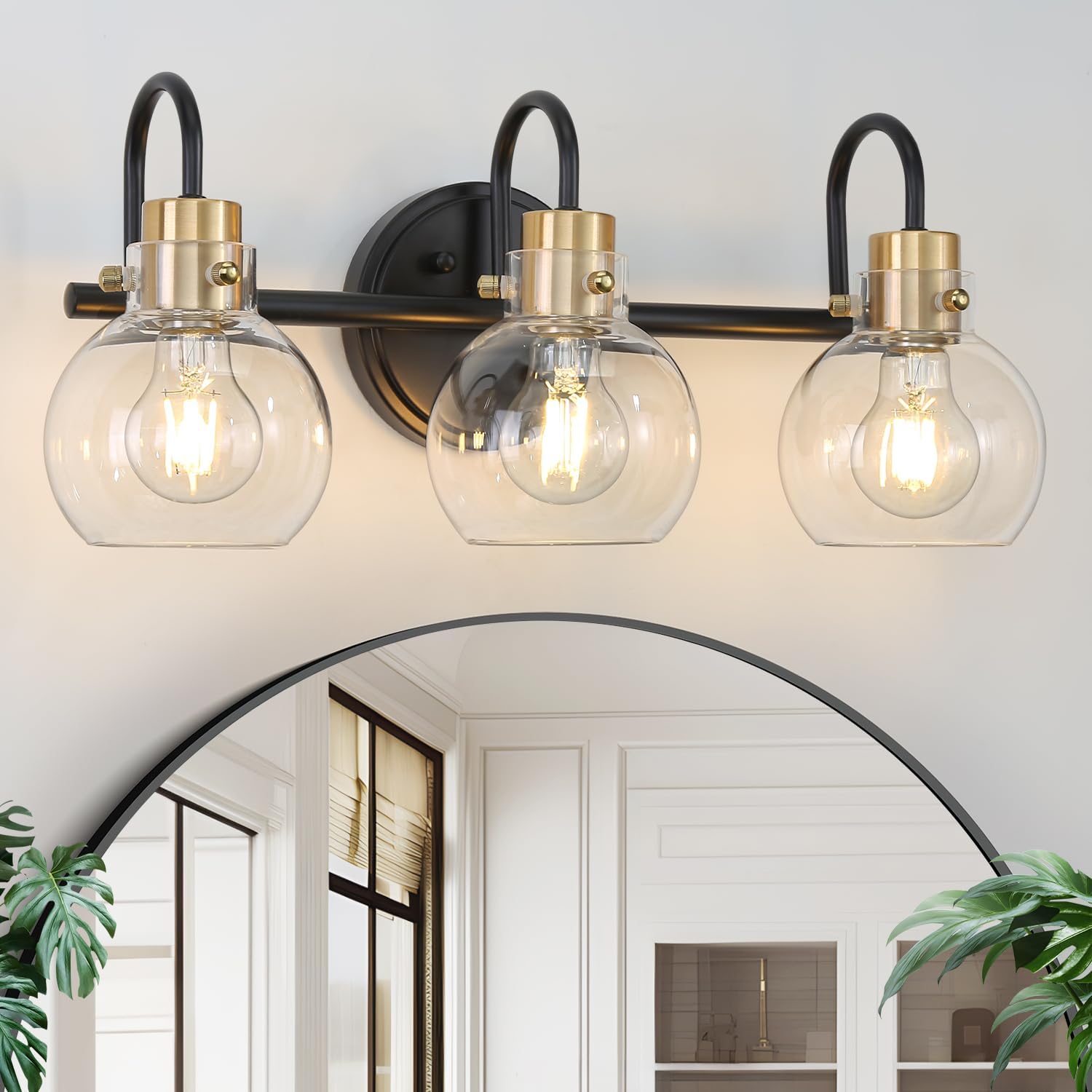 3 Lights Bathroom Light, Black Gold Vanity Light Fixture, Wall Sconces with Globe Clear Glass Shade, Farmhouse Wall Mount Lamp for Mirror, Kitchen, Porch, Living Room, Workshop Black Gold 3-Light