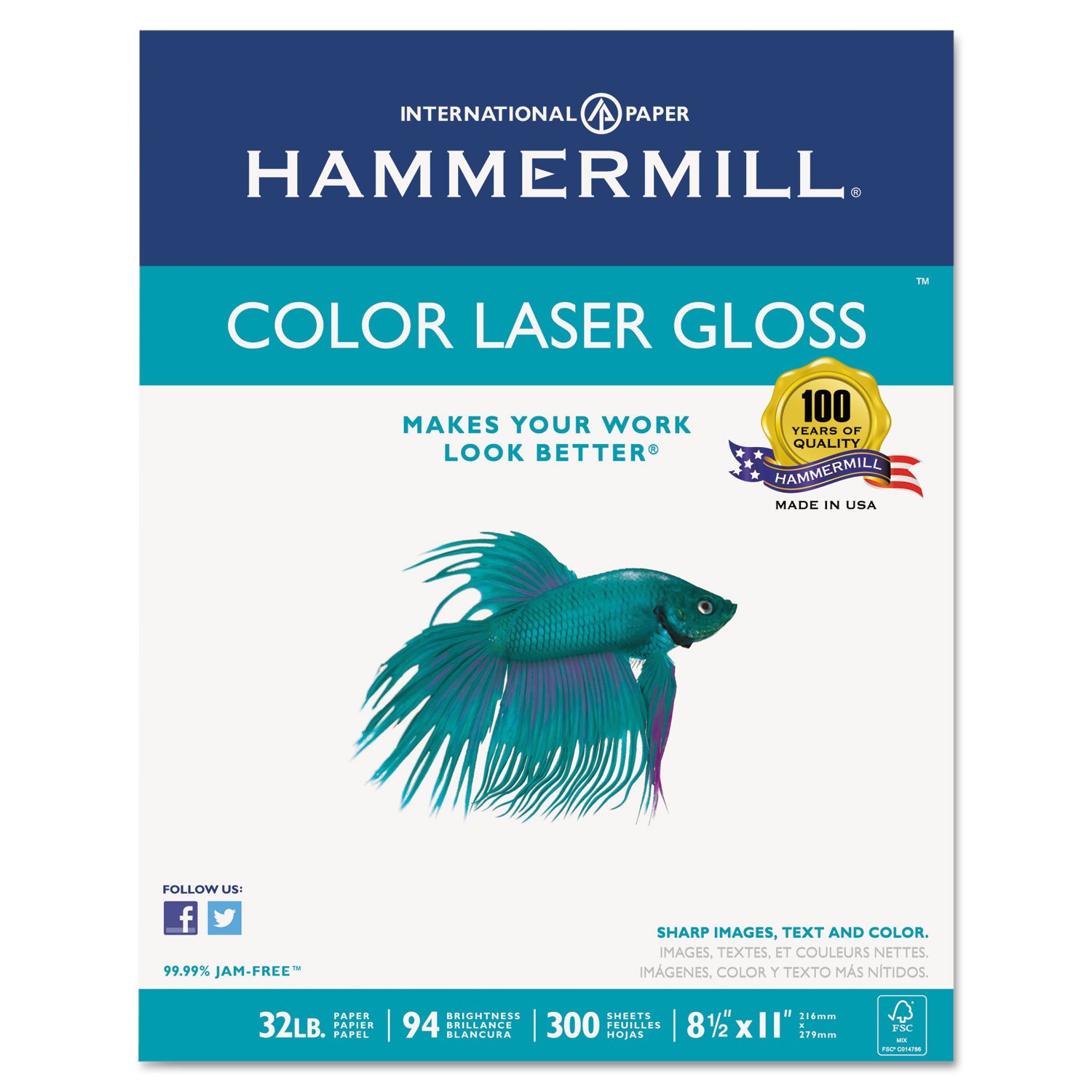 Hammermill 163110 Color Laser Gloss Paper, 94 Brightness, 32lb, 8-1/2 x 11, White, 300 Sheets/Pack