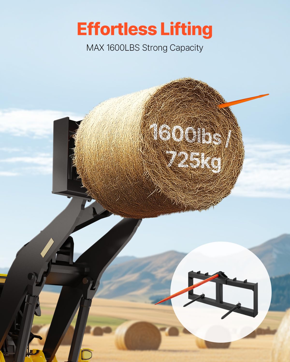 VEVOR Raccoglitrice per Balle di Fieno Capacità di Carico max. 725kg Forca per Balle 1250mm 3 Denti, Forche Chiodate Attacco per Benna con 2 Stabilizzatori per Trattori, Minipale, Agricoltori, Campi