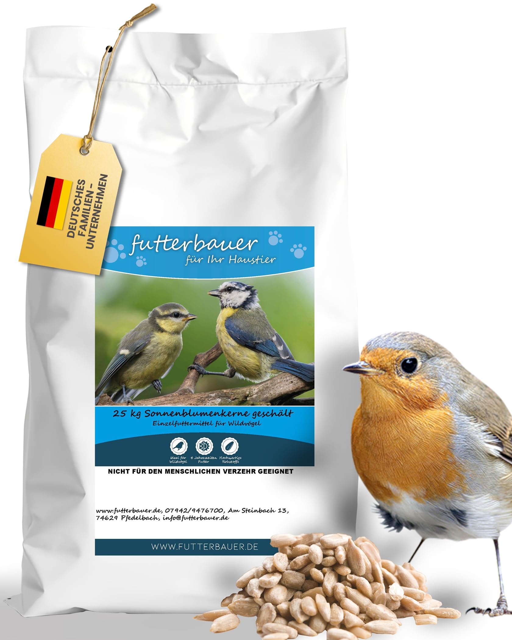 Futterbauer 25 kg Geschälte Sonnenblumenkerne für Vögel, 100% Natur, Nährstoffreiche Energiequelle für Wildvögel, Ohne Schalen & Abfall, Ideal für Futterstellen, Frisch & Hochwertig, Ernte 2025