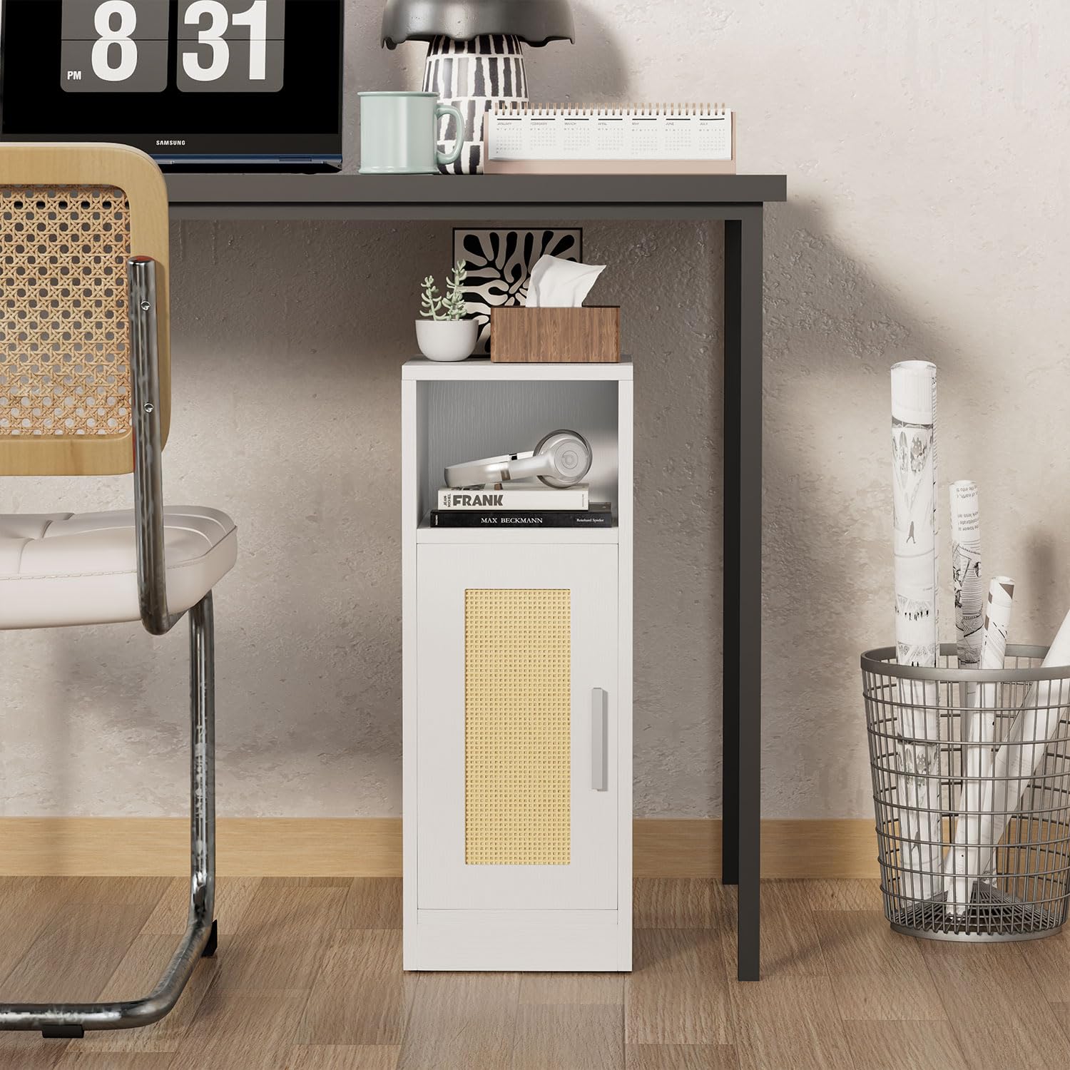 IBUYKE Mesitas de Noche Estrechas Pack 2,de Ratán,Blanco WNS012W-2 | con Compartimentos Abiertos y Armario,Puerta magnética,para Espacios Pequeños, Mesa Auxiliar para Dormitorio,Salón