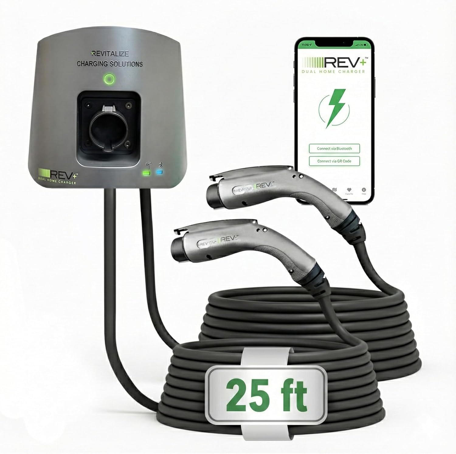 REV+ Dual-Port Level 2 EV Charger 50 Amps, 11.5 kW Power, 240V Smart Electric Vehicle Charger with Wi-Fi & Bluetooth, Mobile App, UL Certified, Indoor/Outdoor Car Charging Station (25ft Cable)