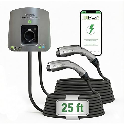 REV+ Dual-Port Level 2 EV Charger 50 Amps, 11.5 kW Power, 240V Smart Electric Vehicle Charger with Wi-Fi & Bluetooth, Mobile App, UL Certified, Indoor/Outdoor Car Charging Station (25ft Cable)