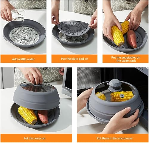 Miniatura 5 de Funda de silicona plegable para microondas, tapa de salpicaduras multifunción ventilada con plato de vidrio para cocinar alimentos y tocino, apto
