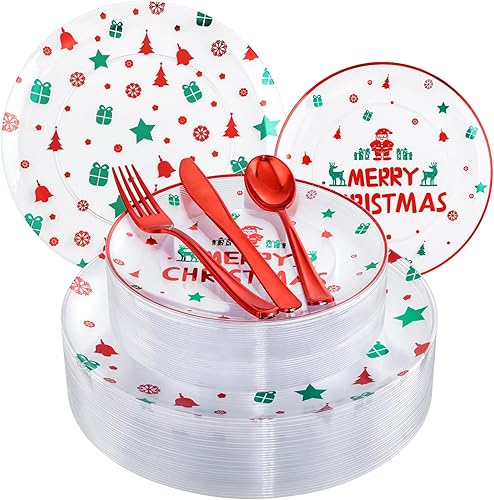 WELLIFE 150 platos de Navidad rojos y verdes, vajilla desechable de Navidad incluye 30 platos llanos, 30 platos de postre, 90 cubiertos de plástico