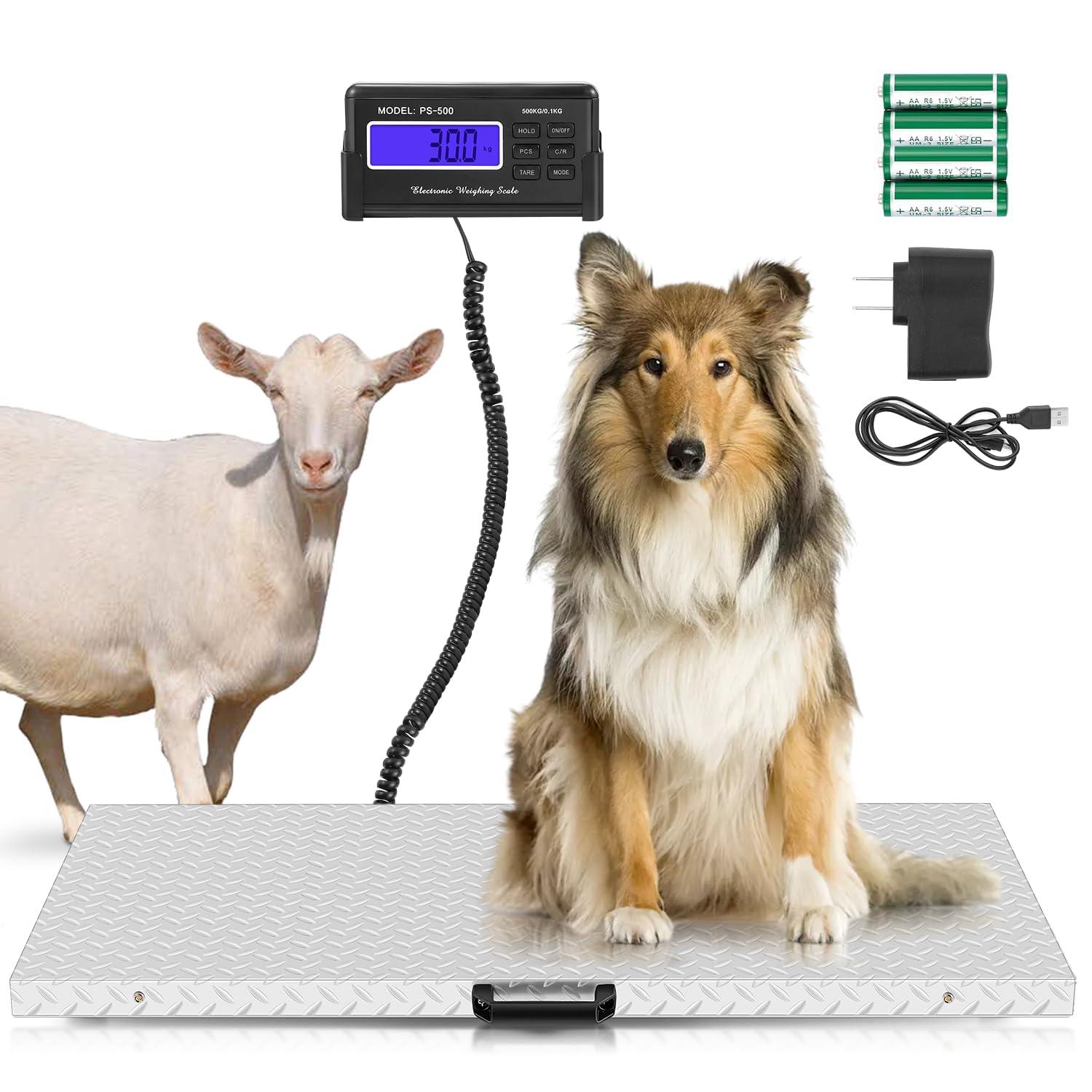 Bonvoisin 500kg/0.1kg Balance Vétérinaire et Bétail, Plateforme Antidérapante 103x53cm, Tare/Hold/Comptage, Affichage LCD à Distance, Double Alimentation&Rangement Intégré pour Chiens, Bovins, Mouton