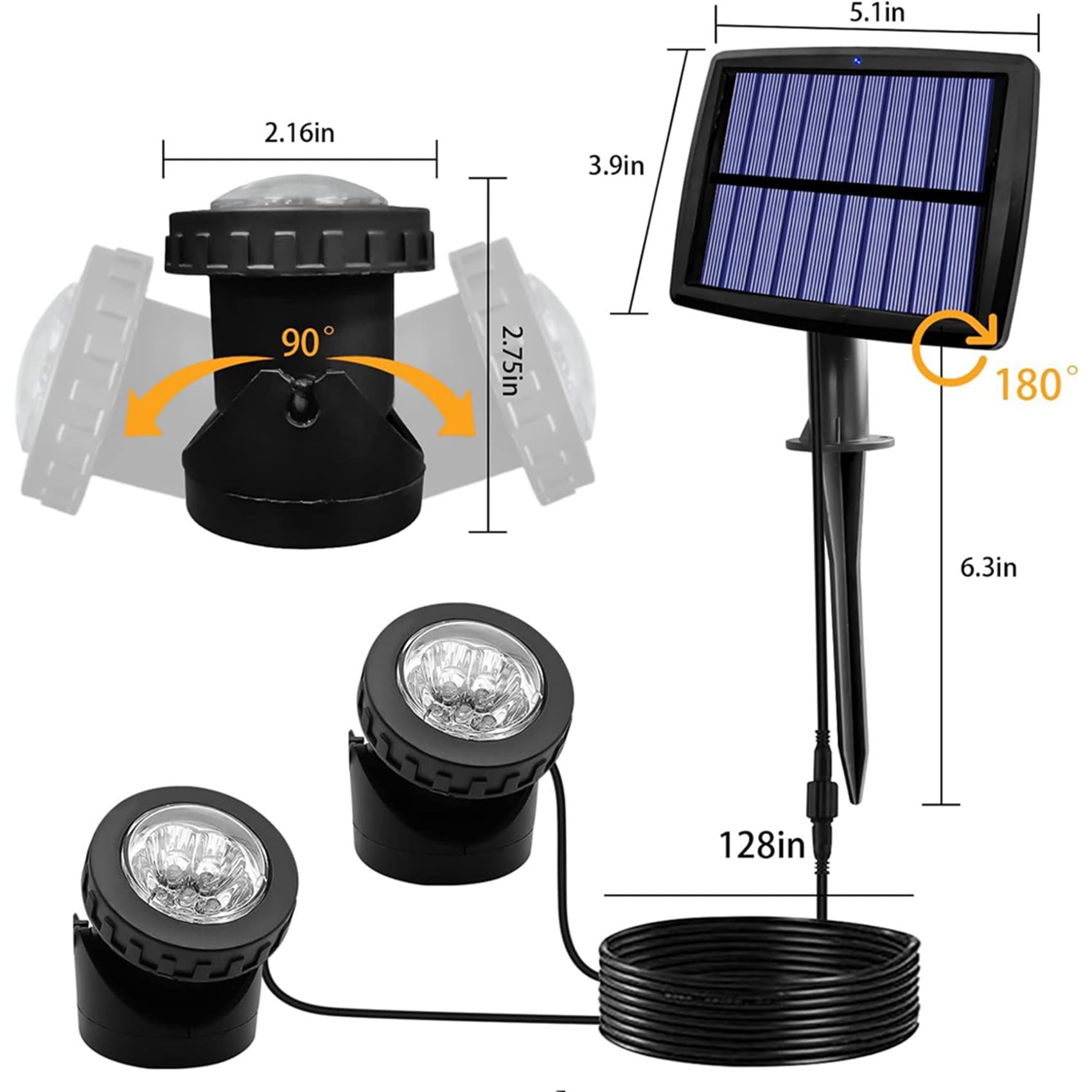 2X Faretti Solari per Laghetto, Luci Solari Subacquee A LED con Faretto Sottomarino Impermeabile A Doppia Testa per Illuminazione C