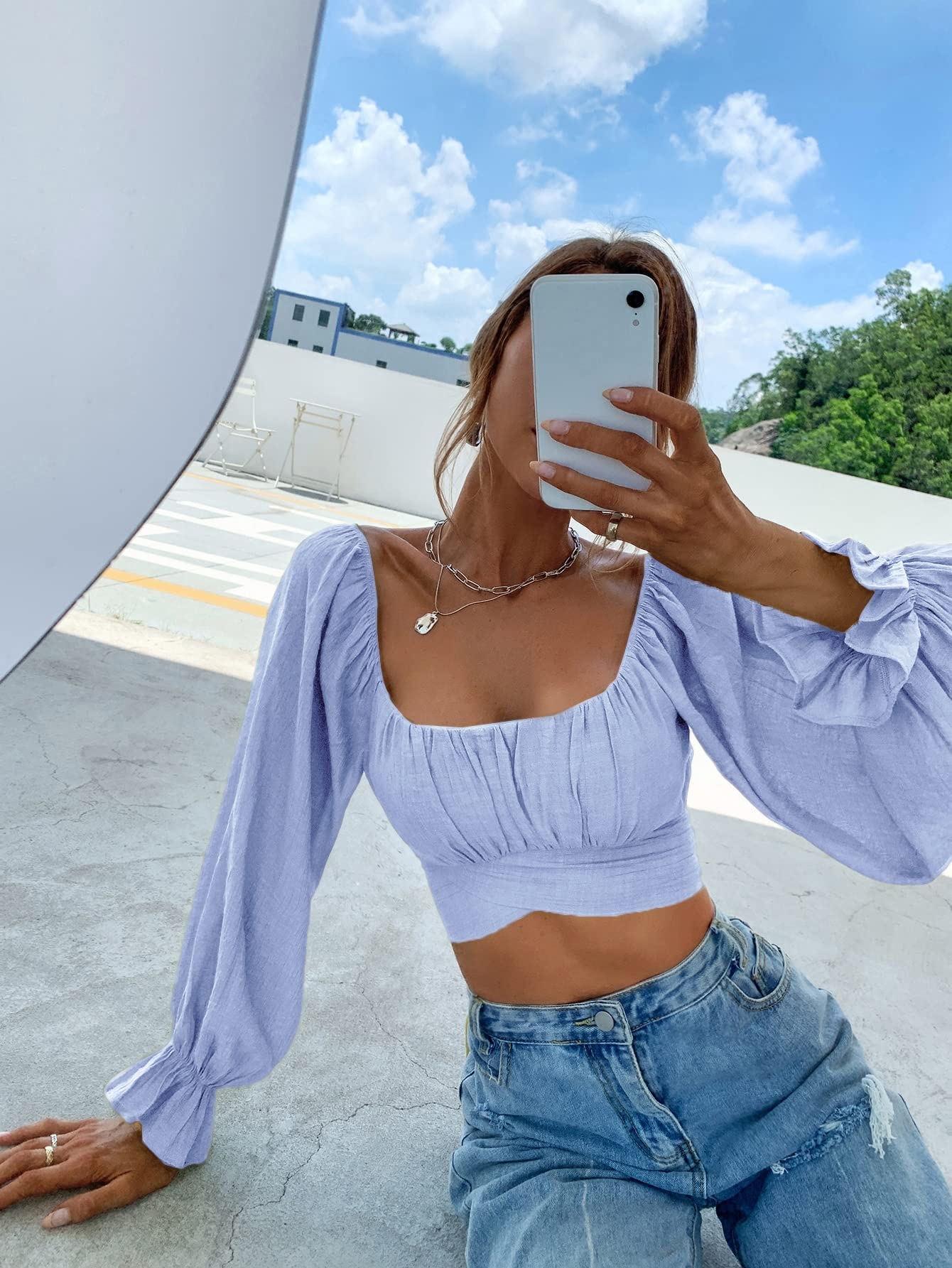 Women's Tops Shirts for Women Square Neck Flounce Sleeve Tie Back