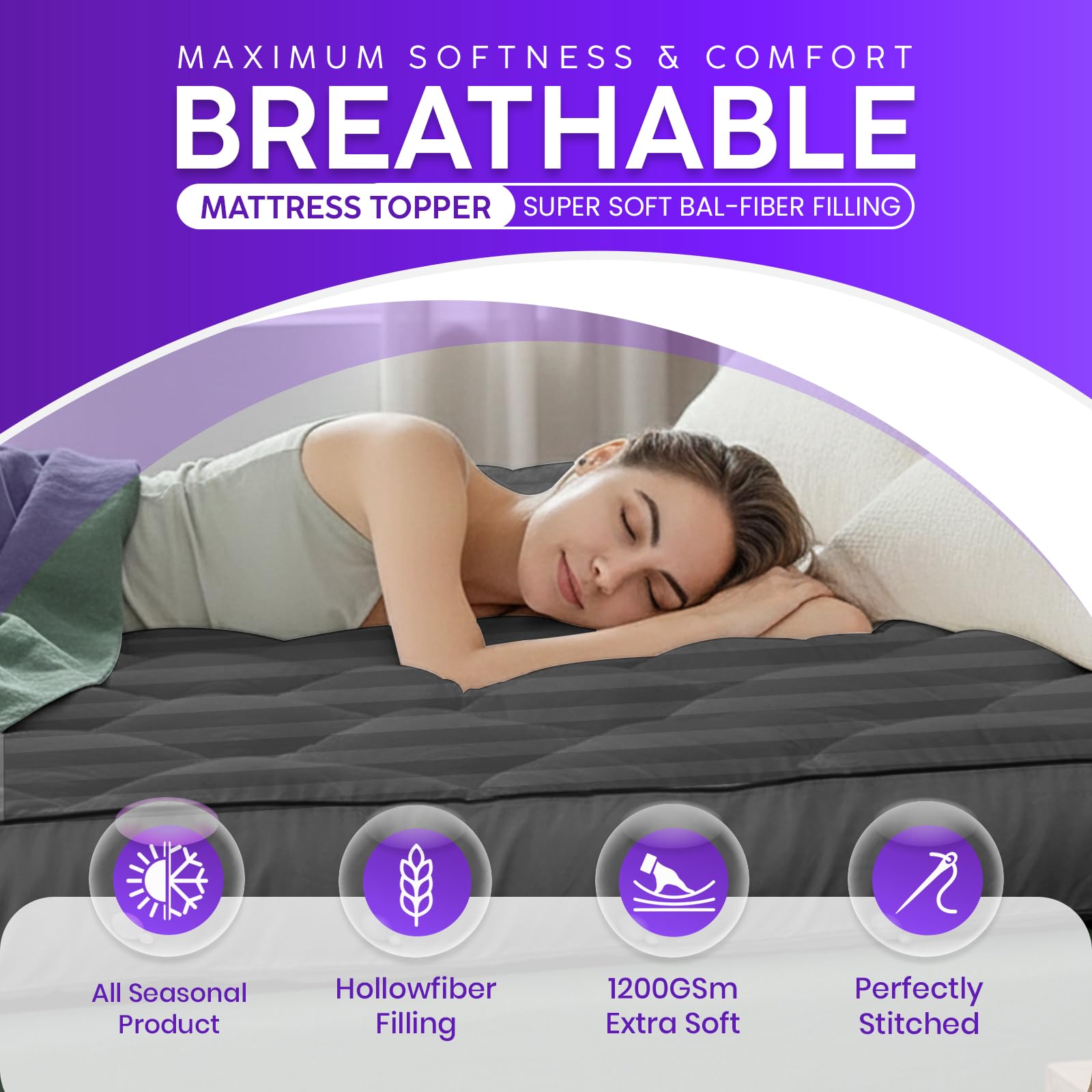 Linens World Mattress Topper Double Bed 10cm Thick, Quilted Super Soft Microfiber Topper, 1200GSM Anti-Allergy Fiber Fill, Washable with Strong Elastic Straps for Extra Comfort (137×190cm) — view 28