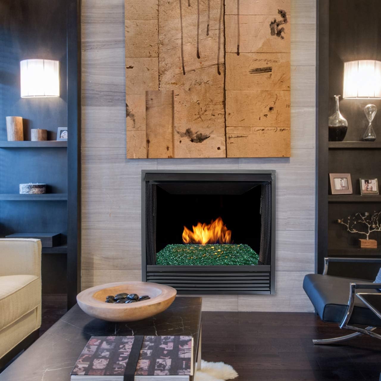Duluth Forge Vented Fire Burner installed in a modern living room fireplace with green fire glass.