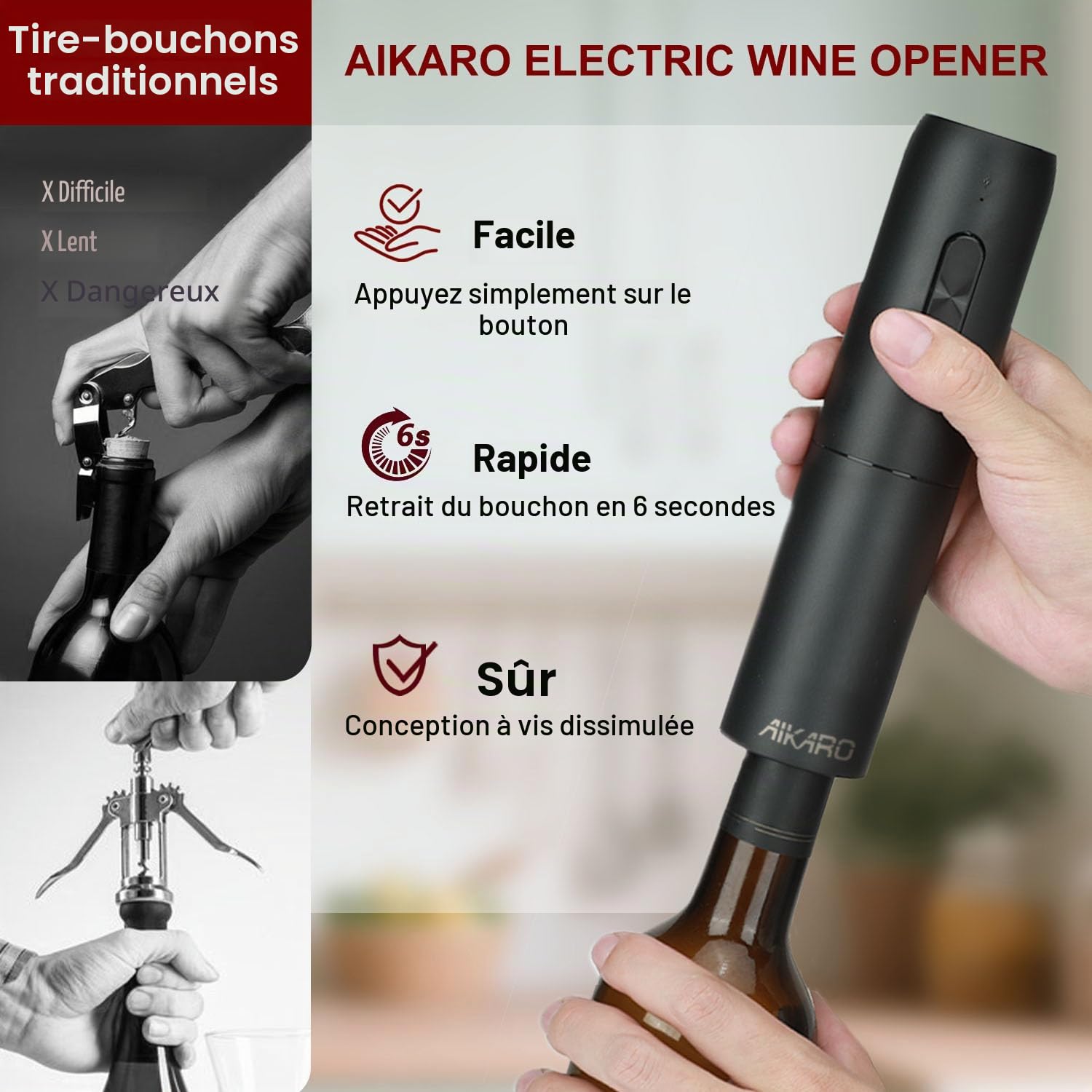 AIKARO - Tire-bouchon Électrique, Ouvre-bouteilles de Vin Automatique, Rechargeable (Set C)