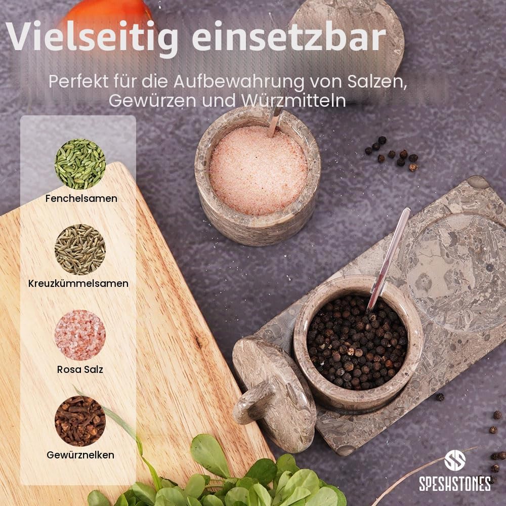 SPESHSTONES Marmor Salzkeller 10,2 cm Salzdose mit Deckel, Tischsalzbehälter für die Arbeitsplatte, Salzschale, Salzhalter, Gewürzdosen, Zuckerdose, Würzmittelbehälter Set von 2, Salzspender