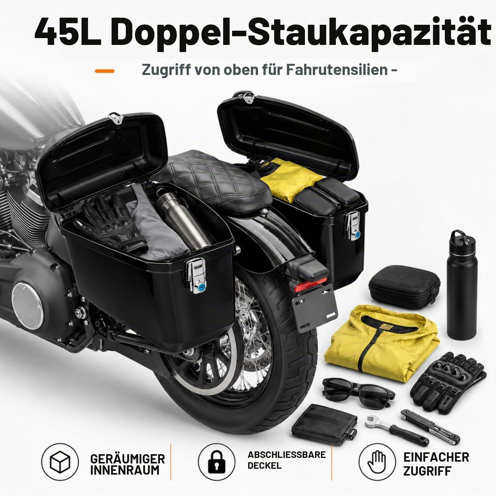 45L Motorrad Seitenkoffer mit Montagesatz, Abschließbare ABS Hartschalen Satteltaschen, Universal Seitentasche für Cruiser Chopper Touring, Wasserabweisende Motorrad Tasche Schwarz