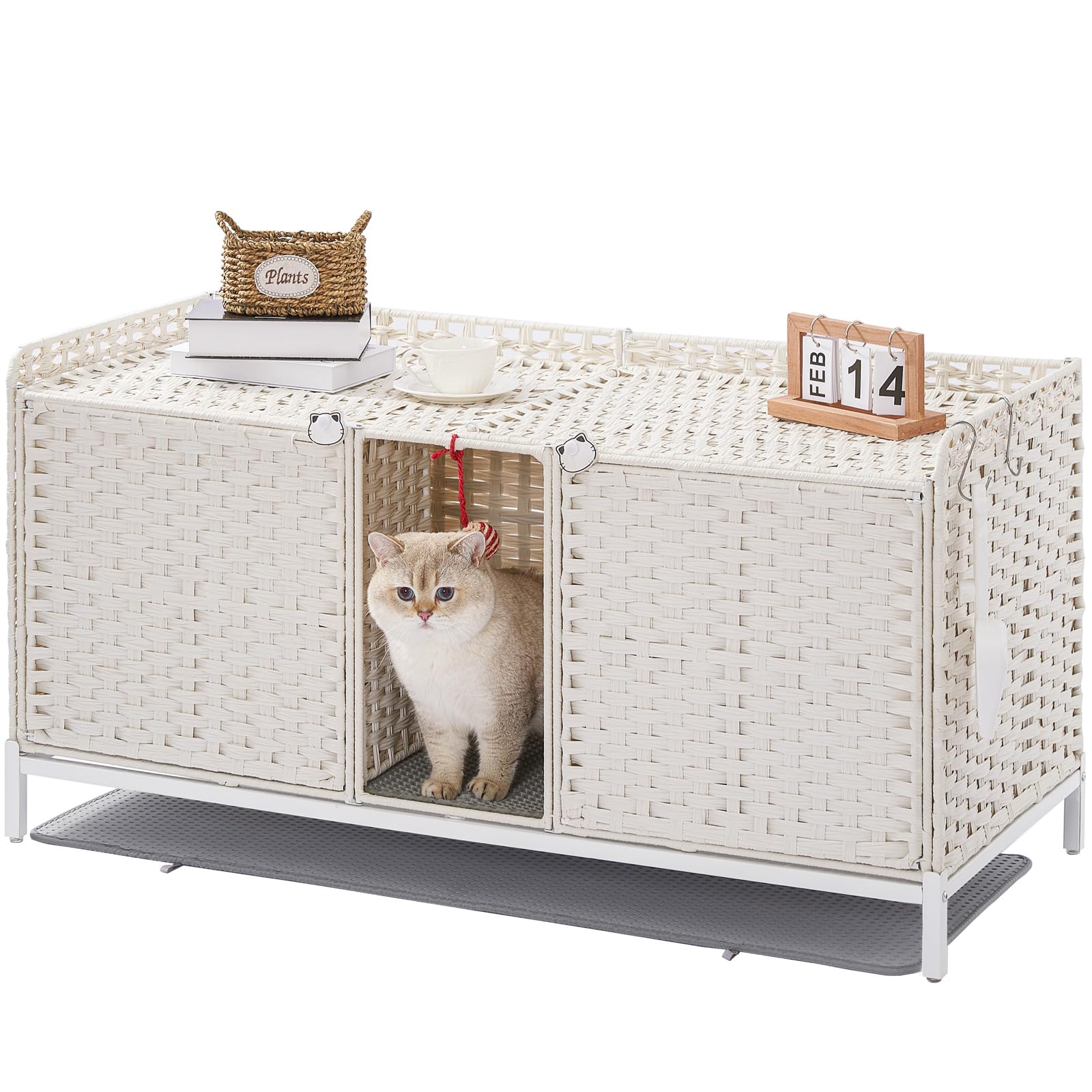 Photo 1 of ***FACTORY SEALED - OPENED FOR INSPECTION***SETVSON Cat Litter Box Enclosure for 2 Cats, Hidden Litter Box Furniture with Mat, Large Rattan Cat House with Double Room and Door, 47.3 L x 19.7 W x 24 H, 2 S-Shaped Hooks for Living Room White