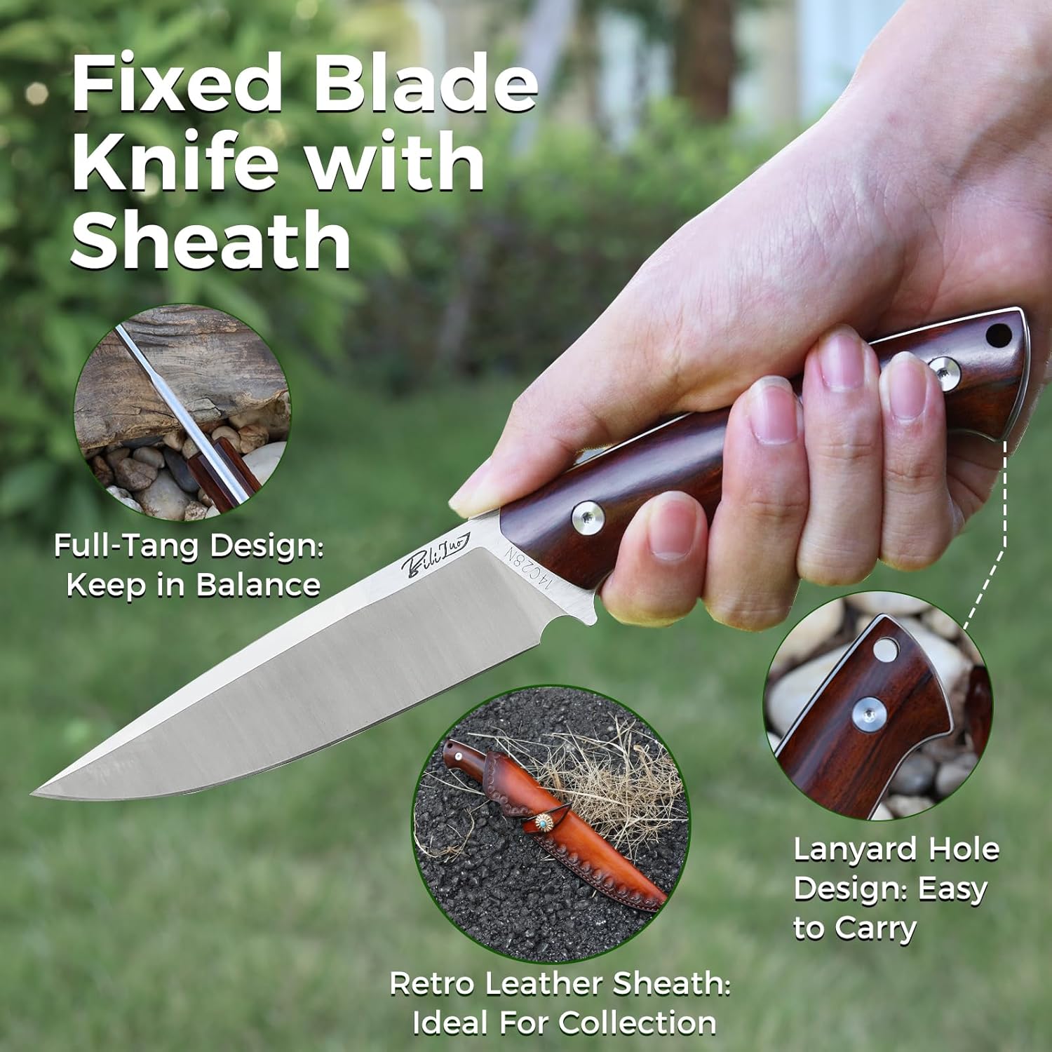 14C28N Steel Fixed Blade Knife with Leather Sheath, 4.9" Blade Full Tang Camping Knife with Ergonomic Desert Ironwood Handle, Survival Knives for Cutting & Boning, Best Collection Gift for Men