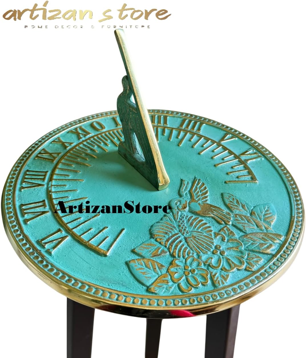 Brass Decorative Sundial 10" Inch with Verdigris Highlights – Vintage Bird & Flowers Design, Perfect Sundial Gift for Him or Her