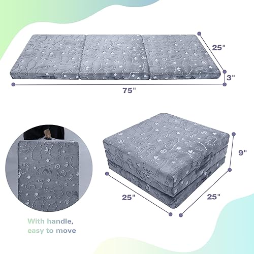 Miniatura 5 de MeMoreCool Colchón plegable de dinosaurio brillante para niños, tapete triple para siesta para niños pequeños, futón portátil para dormir o cama de