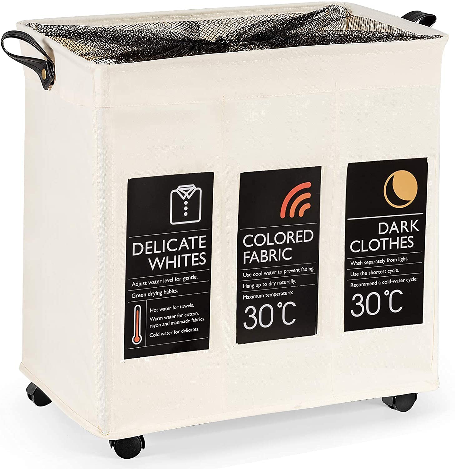 Top-Tech  Laundry  Basket  Laundry  Hamper Bin Clothes Sorter Storage Organizer Bag Collapsable 3 Section with Wheel and Handle Easy to Move (Cream color)