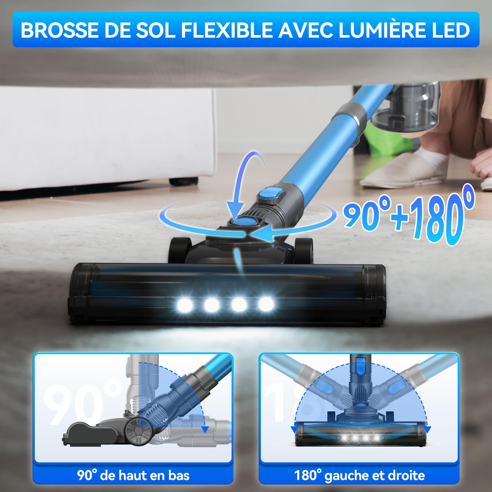 Aspirateur Balai sans Fil, 28kPa Aspirateur sans Fil, 6 en 1 Aspirateur Puissant Aspirateur sans Fil Puissant 55 Minutes d'Autonomie, Brosse LED, Aspirateur Balai pour Tapis Sols Poils d'animaux
