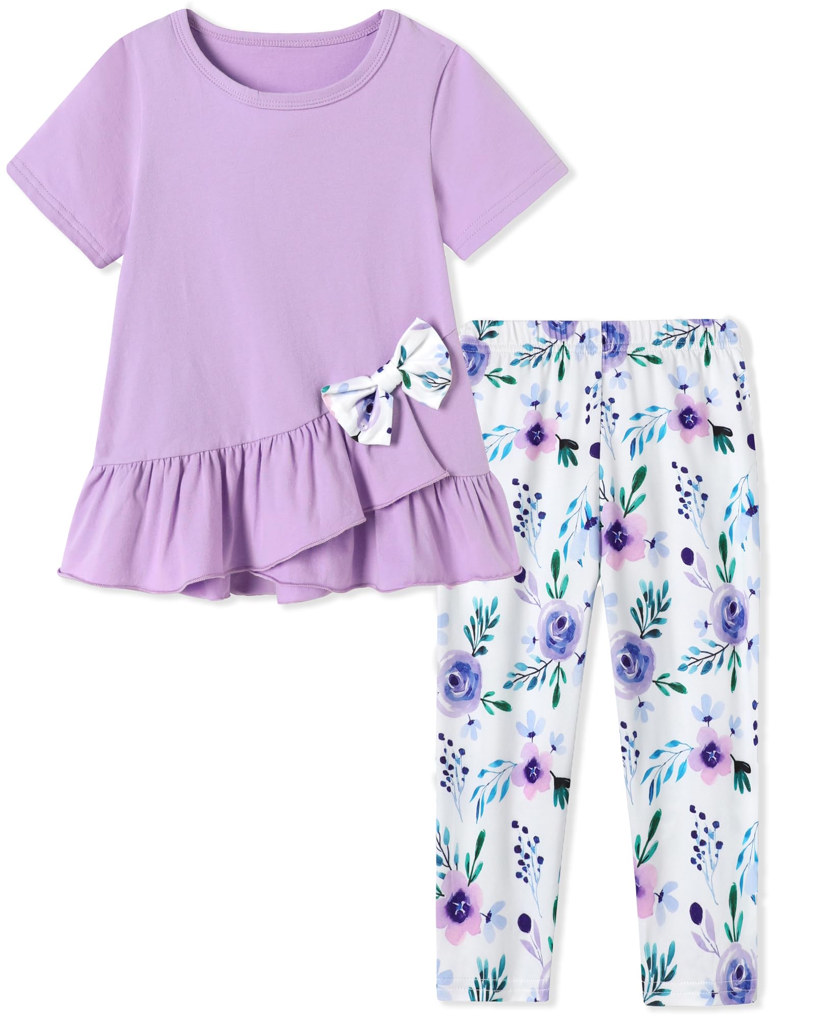 SOLOYEE Toddler Girl Clothes 2-8Years Girls Outfit, Short Sleeve Ruffle Bowknot Top+Floral Capri Pants 2Pcs Spring Summer Set
