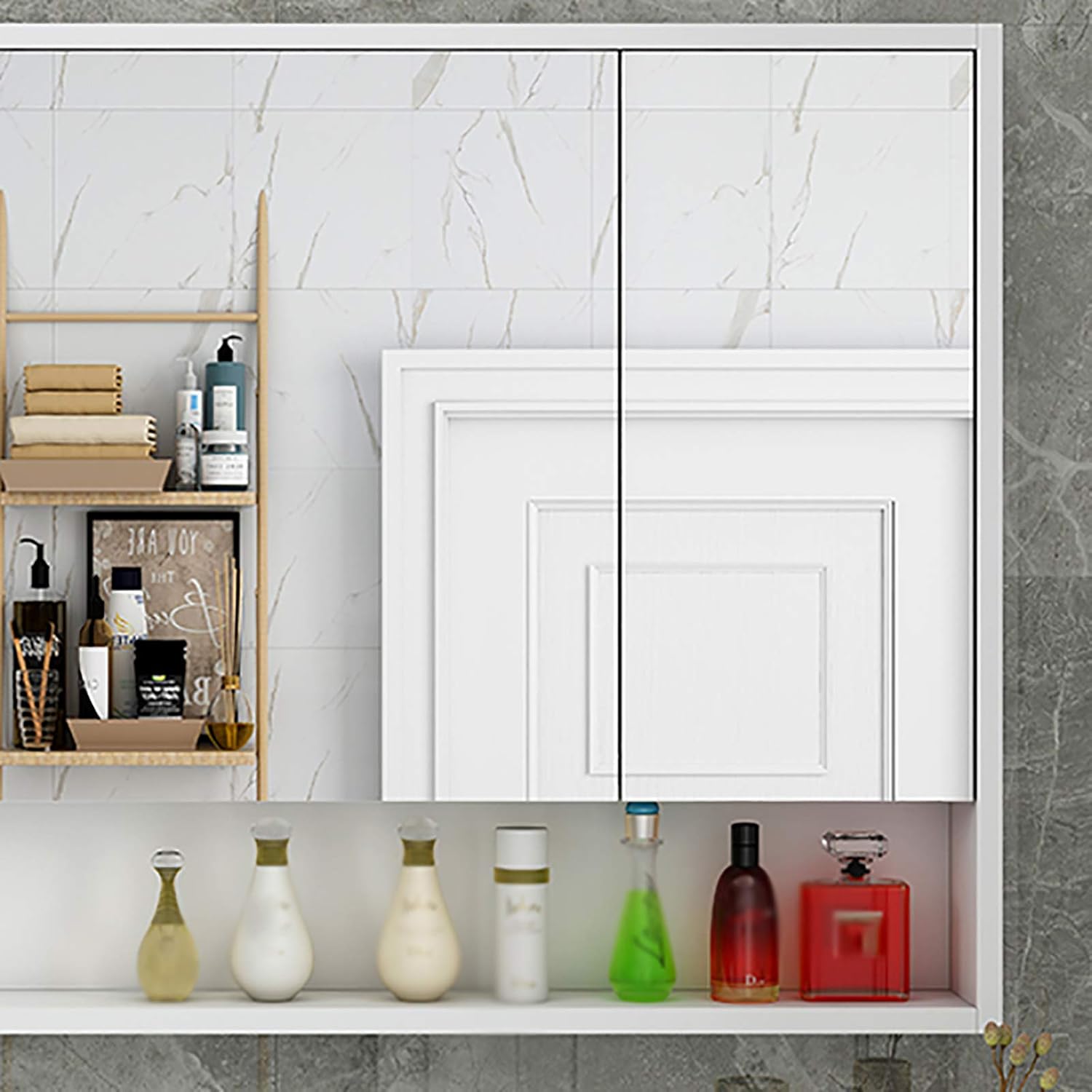 Bathroom Mirror Cabinet Wall Mounted Storage Cupboard Bath Cabinet with Storage Function Half-Sealed Mirror (Gray 58 * 75 * 12cm)