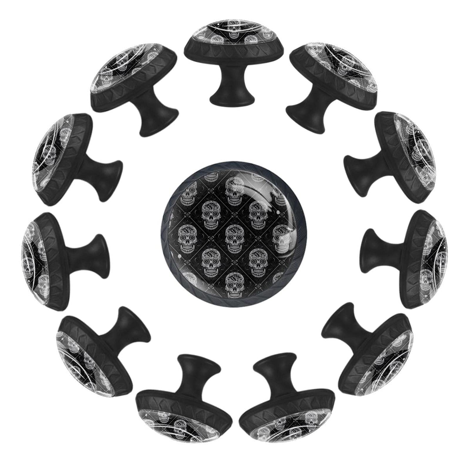Boutons de tiroir ronds en verre AISSO lot de 12 poignées tête de mort noir et blanc 35mm