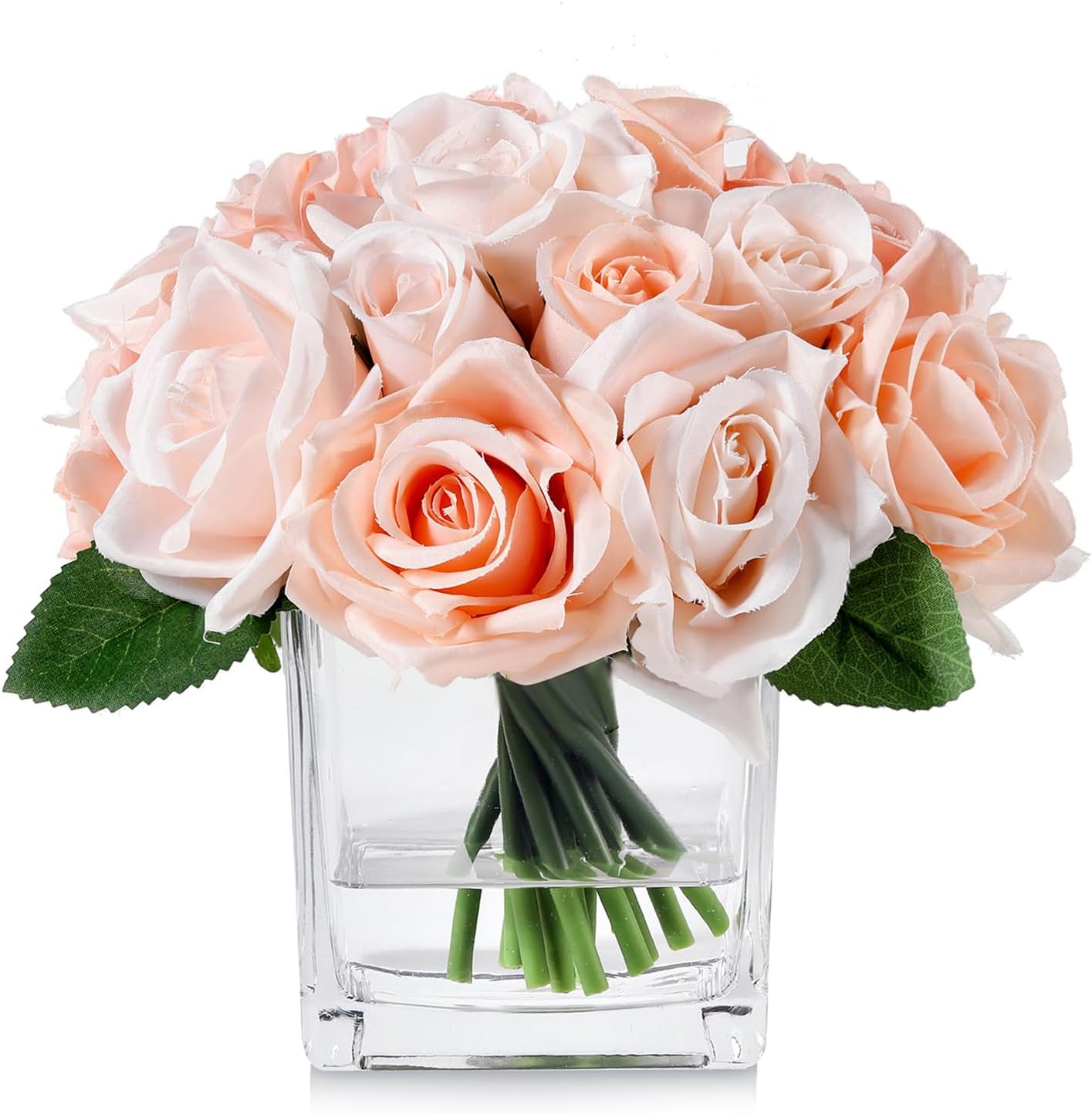 18 Heads Rose Faux Flowers in Vase, Aritificail Rose Floral Arrangement with Vase f...