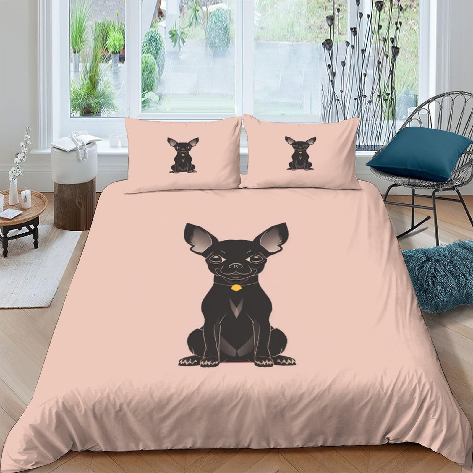 Housse de couette chien noir 200x200 cm avec 2 taies d'oreiller