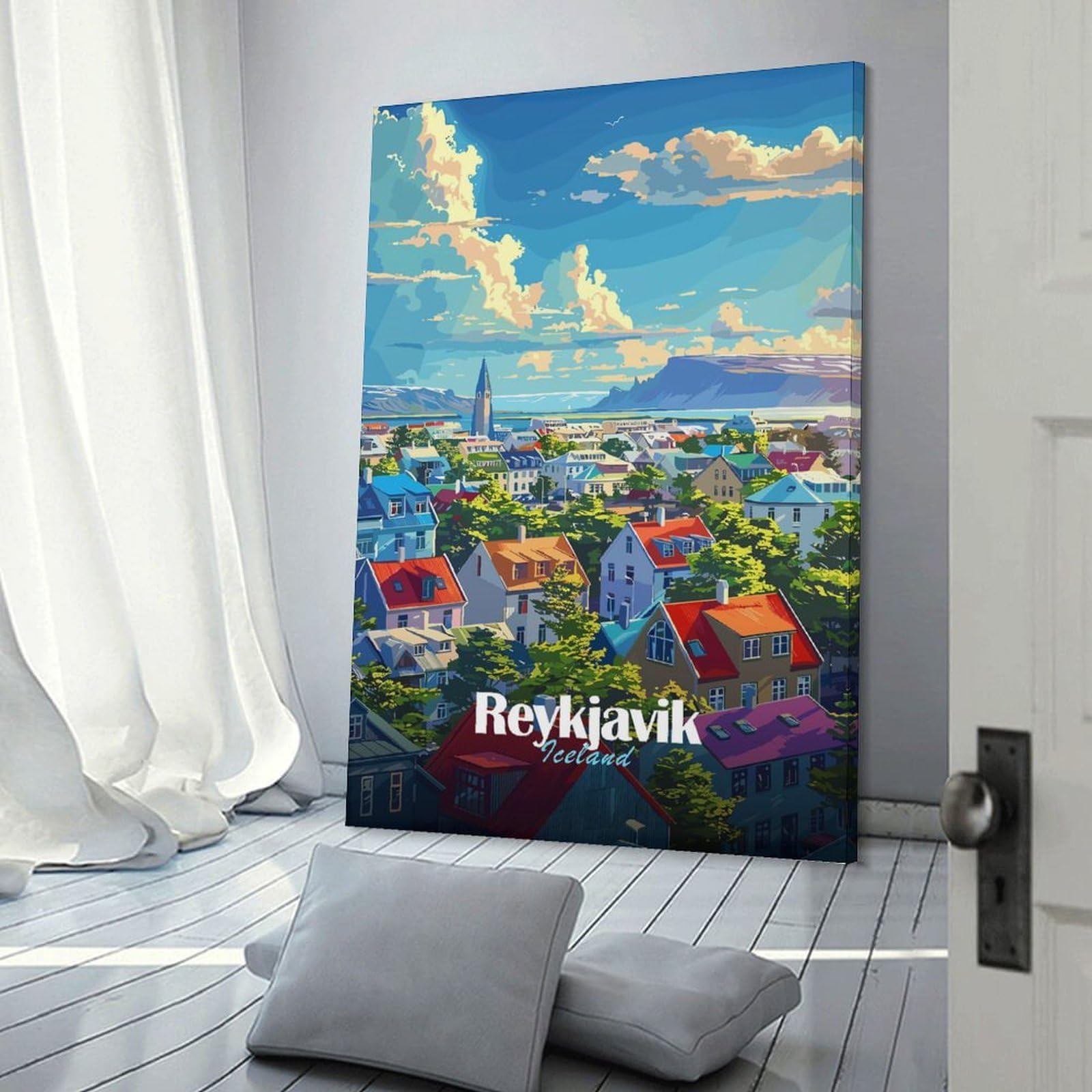 Junmoney Reykjavik Cityscape Home Decor Wall Art, 20x30inch(50x75cm), for Work Areas, Reading Rooms Or Studios, An Interior Accent for Desk Areas