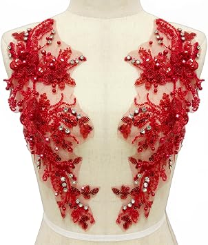 Handmade Rhinestones Applique Red/White//Black/Blue/Gold Sewing Beads Stones Trim Lace Patches Accessory for Wedding Dress Clothes DIY Decorative Red