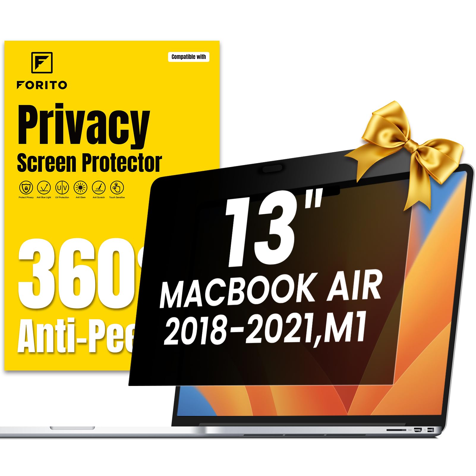F FORITO 360° Privacy Screen Protector Compatible with MacBook Air 13 inch (2018, 2019, 2020, 2021, M1), Anti Peeping, Anti Glare and Scratch Resistant Laptop Privacy Screen ShieldClimatePartner certified