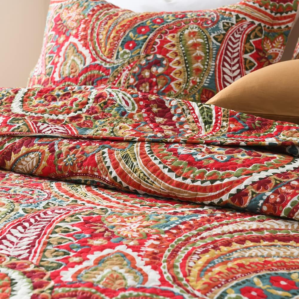 ENASAL Cotton Bedspread Quilt Sets, Reversible Bedding Coverlet Sets Comforter, Floral Paisley Bedspread (Red, King Size) - Image 5