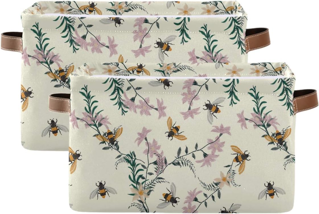 Storage Basket Cube Vintage Spring Bee Flower Large Collapsible Toys Storage Box Bin Laundry Organizer for Closet Shelf Nursery Kids Bedroom,15x11x9.5 in,2 Pack