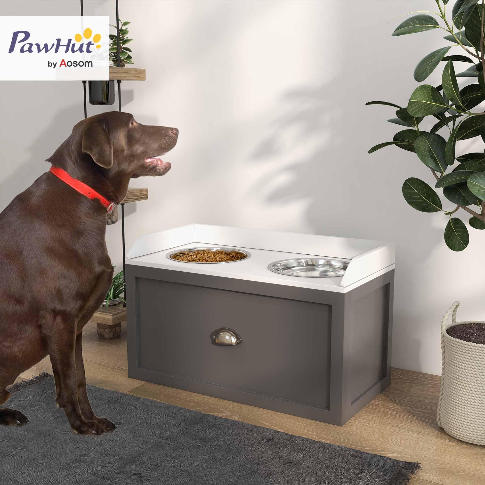 PawHut Feeding Station with Storage Drawer, Food Storage Cabinet with 2 Removable Elevated Bowls for Large Sized Dogs, Gray