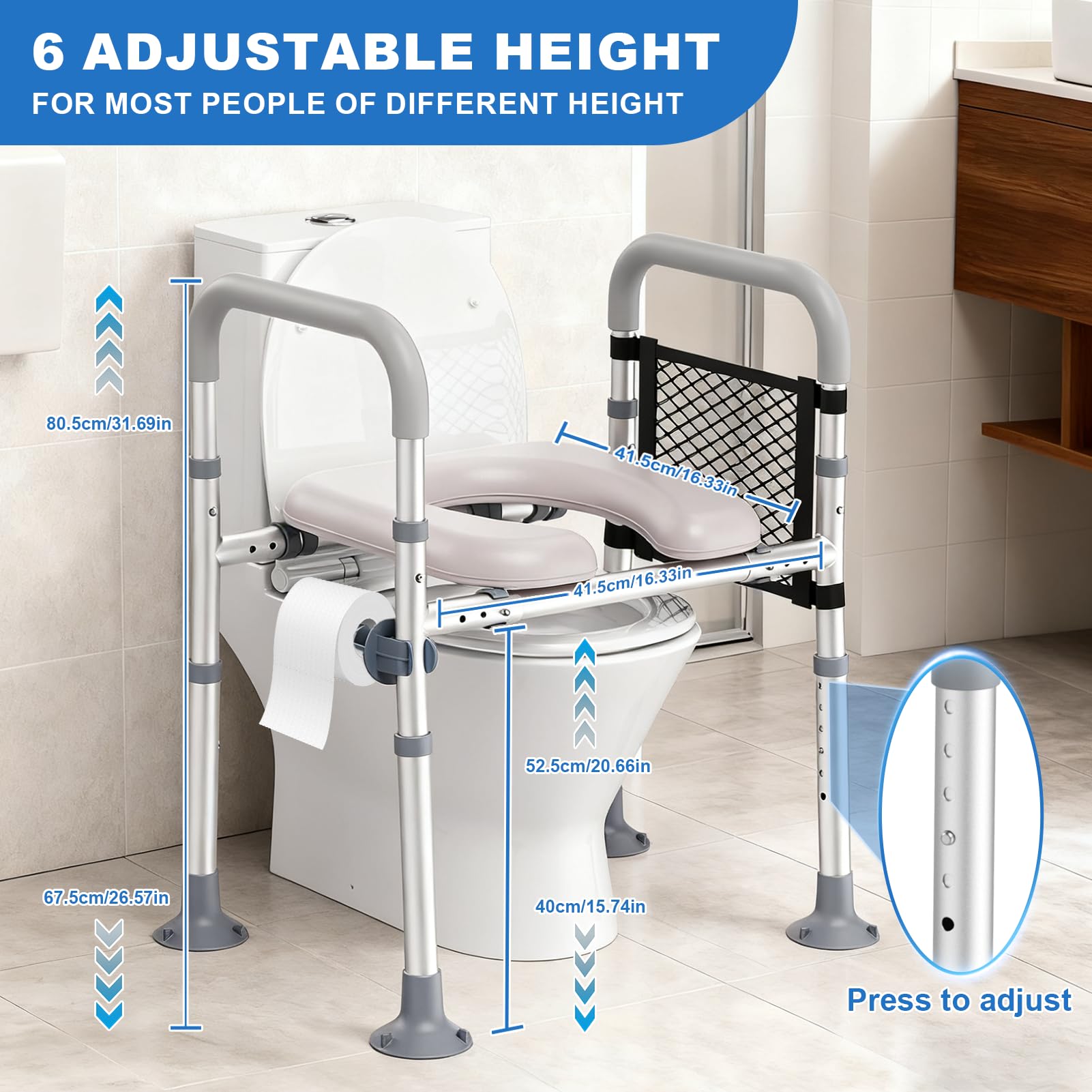 Rialzo WC per Anziani, Alzata per WC con Altezza e Larghezza Regolabili, Alza Water x Anziani con Braccioli per Anziani, Seduta Imbottita e Telaio in Alluminio, Adatto a Qualsiasi WC, Portata 150 kg
