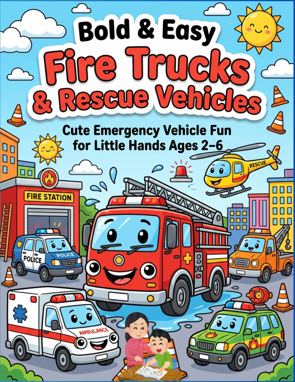 Bold & Easy Fire Trucks and Rescue Vehicles Coloring Book for Toddlers Age 2–6: Fun and Easy Fire Truck, Ambulance and Rescue Vehicle Coloring Pages with Thick Lines for Preschool