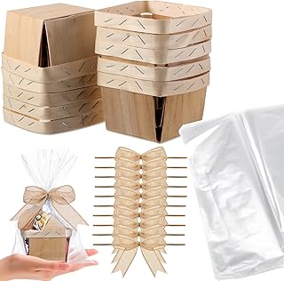 Yerliker 10 Set Wooden Mini Baskets for Gifts Bulk Empty 4 Inches Small Baskets Berry Basket Bows Clear Treat Bags Set for DIY Picking Wedding Birthday Christmas(Linen,Brown,4.02 x 3.39 x 2.5 Inches)