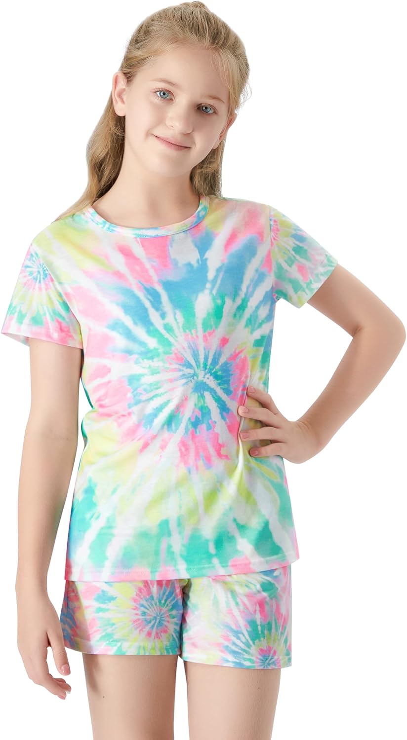 Topgal Summer Pajamas for Little/Big Girls – Swirl Tie Dye Butterfly Design Kids' Short Sleeves & Shorts PJS Size 6-18 - Image 3