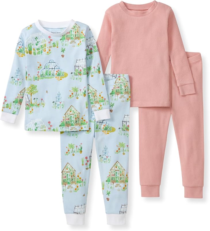 Burt's Bees Pijamas de algodón orgánico para bebés niñas, conjunto de pijama para niños pequeños, 2 piezas | Pijamas suaves, acogedores y ajustados que cuentan con puños elásticos acanalados y estampados pintados a mano para que la hora de dormir sea muy sencilla.