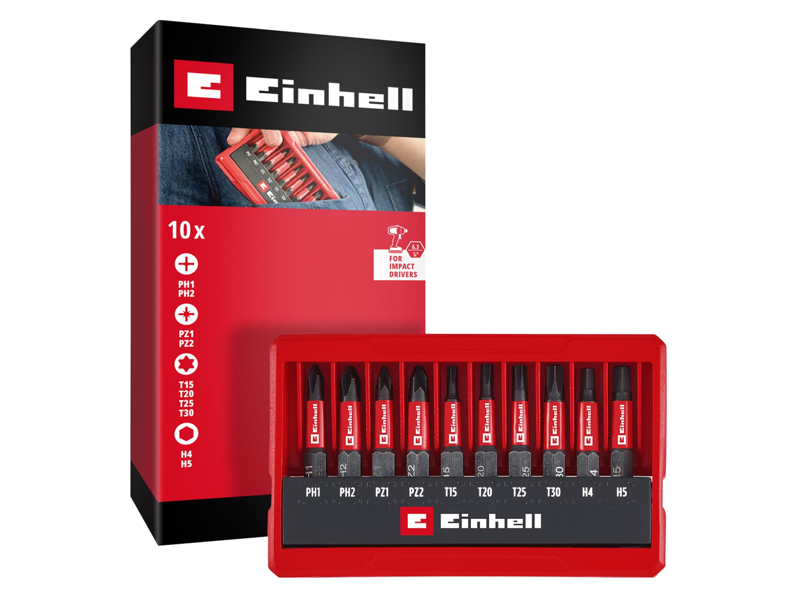 Einhell - Juego de brocas de impacto (10 piezas, 50 mm) | PH / PZ / T / H | Brocas de 50 mm | Acero S2 fosfatado con manganeso | vástago E 6.3 | Incluye Casete con función de soporte