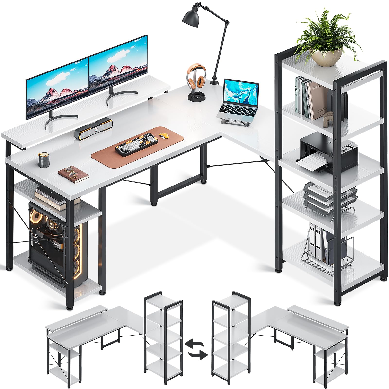 ODK Scrivania con Ripiano, Scrivania ad L con Supporto Lungo per Monitor, Bianco 155×140cm