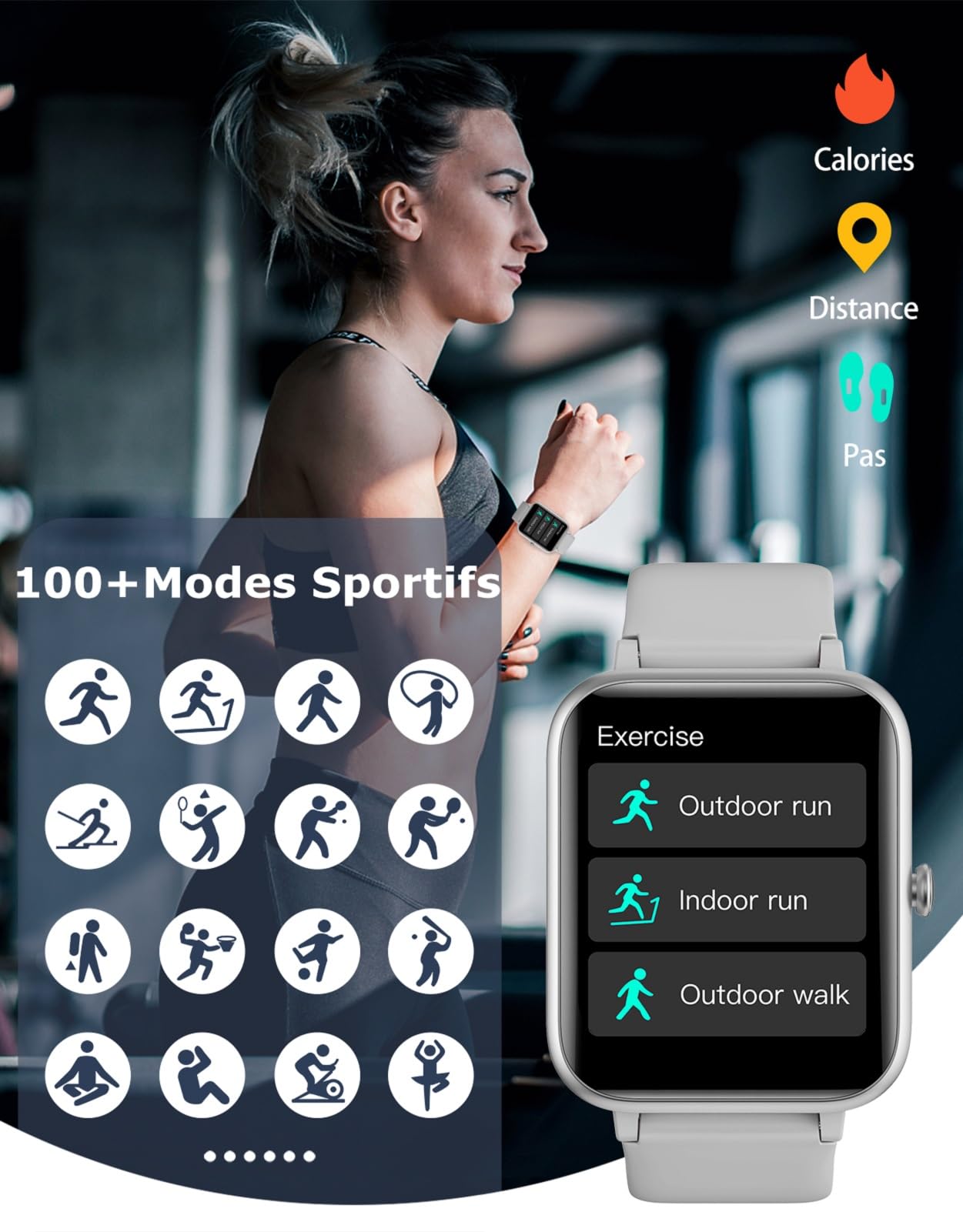 GRV Montre Connectée Homme Femme Smartwatch pour Android iOS Smartphone Montre Sport Podometre Etanche IP68 Tracker Multisport Notification Message Réveil Rappel Sédentaire Chronomètre Gris