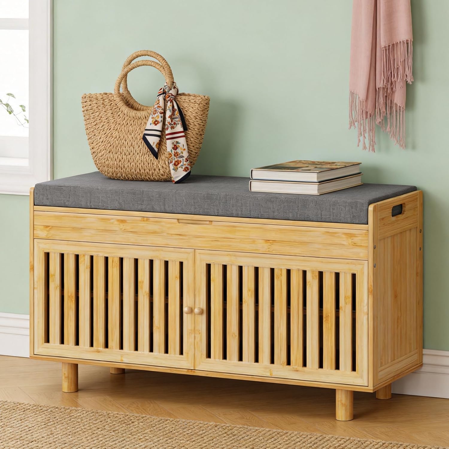 35.4in Shoe Storage Bench, Bamboo Entryway Bench with Lift Top Storage & Padded Seat Cushion, 2-Tier Shoe Rack Cabinet with 2 Doors for Entryway, Living Room, Bedroom, Mudroom, Natural