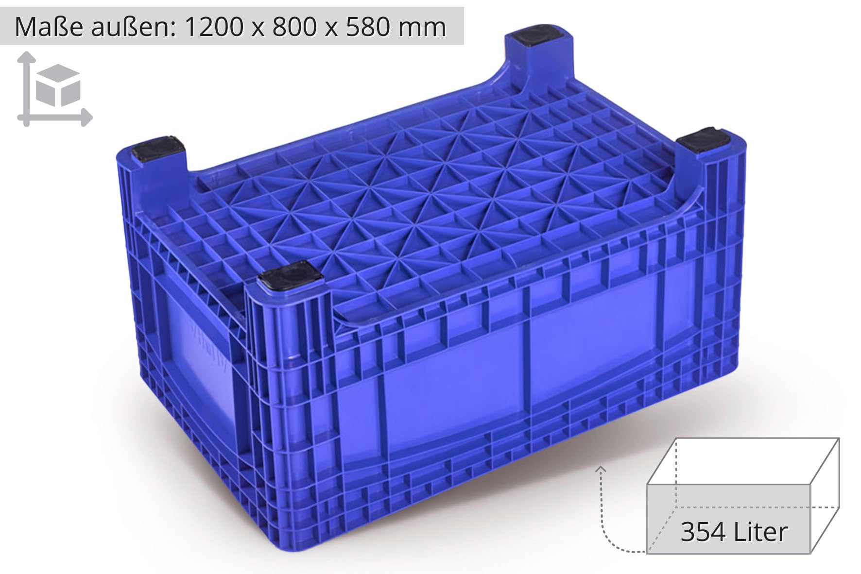 Palettenbox 1200x800x580mm, Boxfabrik NOAH L, Großbehälter, Umzugsbehälter, Transportbox, Kunststoffbehälter, Containerwagen, Transportwanne, Made in Germany (Blau, Füße)