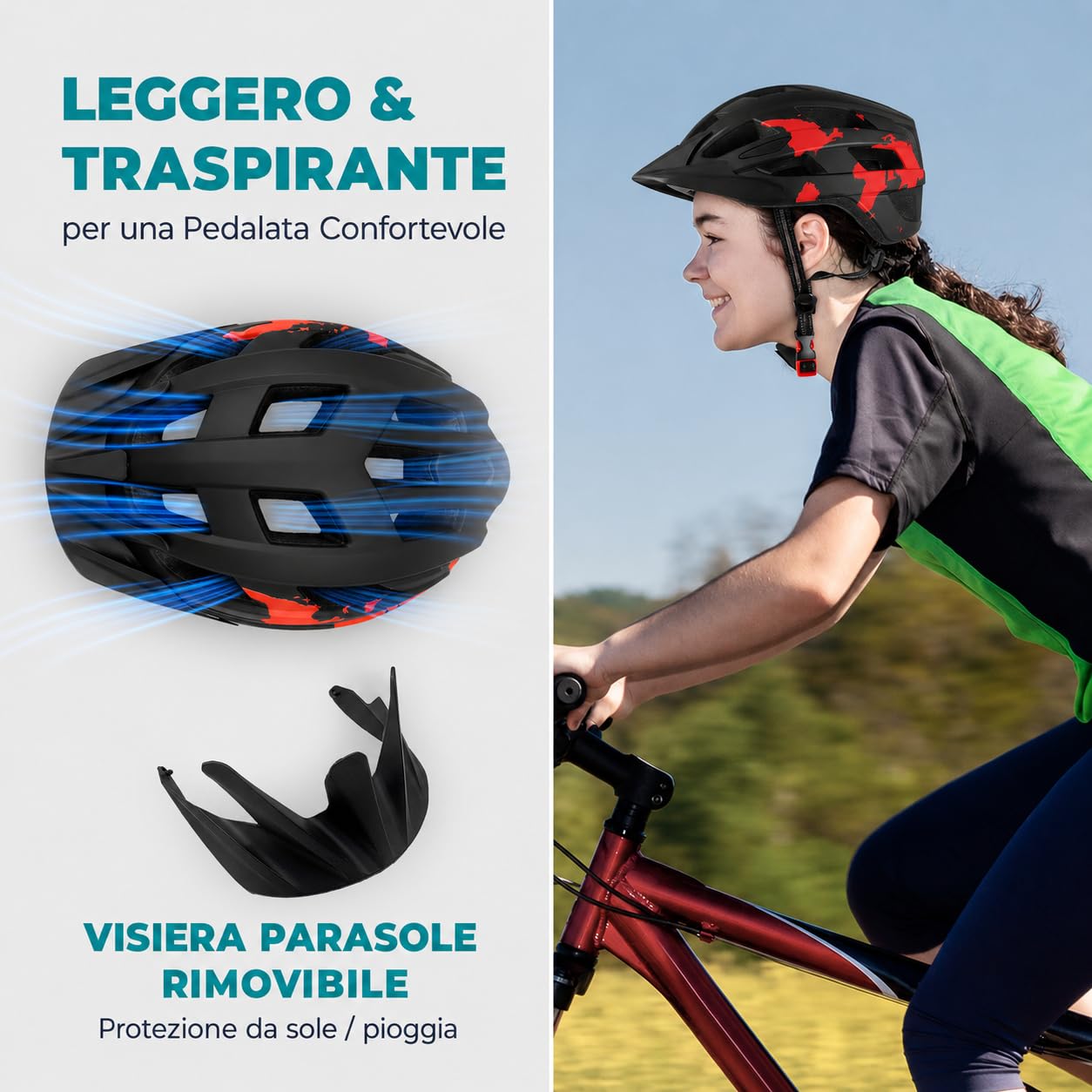 Casco da bici con luce LED ricaricabile tramite USB, leggero, ammortizzante e regolabile, per ragazzi e adulti, per mountain bike, strada e skate (54-58 cm)